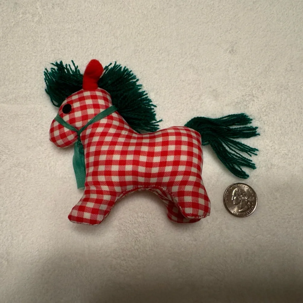 Vintage Christmas Pony Stuffed Animal Plaid Red, White And Green